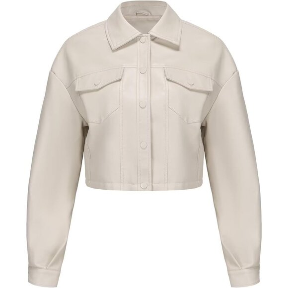 Women Beige Cropped Moto Biker Short Comfortable Pu Faux Leather Fashion Jacket - Picture 6 of 8